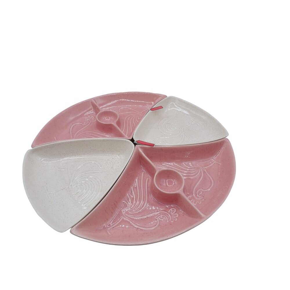 Vintage Rooster Divided Serving Platter Set - Pink & White Ceramic - 4 Sections
